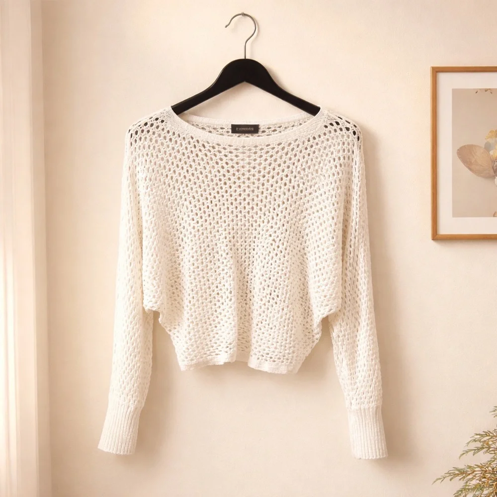 Express‎ White Crochet Open Knit Sweater Womens Small Beachy Boho Layering - Picture 10 of 10